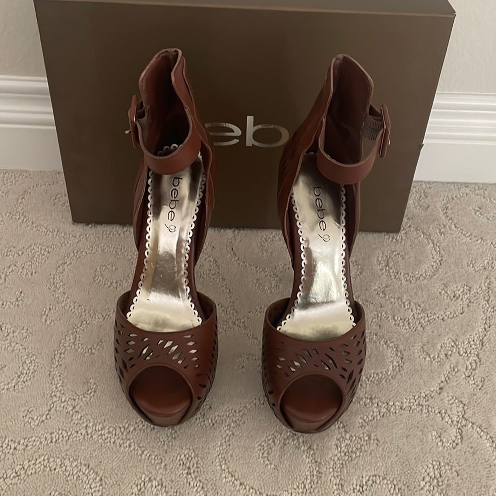 Stiletto heels, ankle strapped, peep toe shoe. Gold bottoms, super sexy.